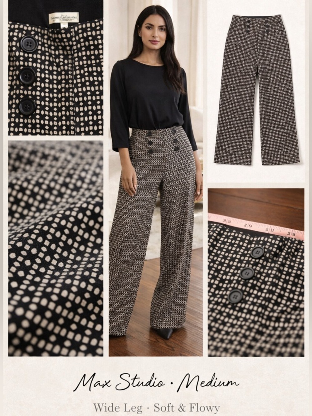 Max Studio Wide Leg Pants Medium Boho Geometric Print High Waist Button Detail - Picture 2 of 9